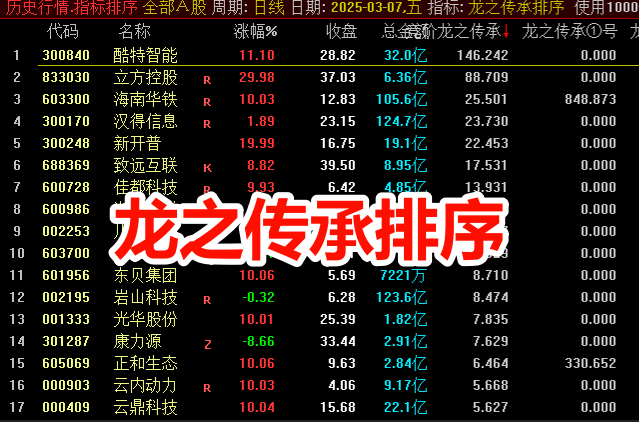 通达信【龙之传承排序】竞价排序工具 竞价策略首选